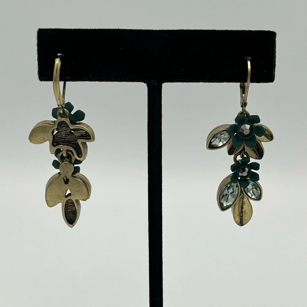 Verdant Bloom Earrings – Antique Gold Floral Dangles with Green Petals